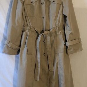 Vtg Sears Bazaar Jrs 9 Beige Khaki Trench Coat Pockets Belted Cinched Lined